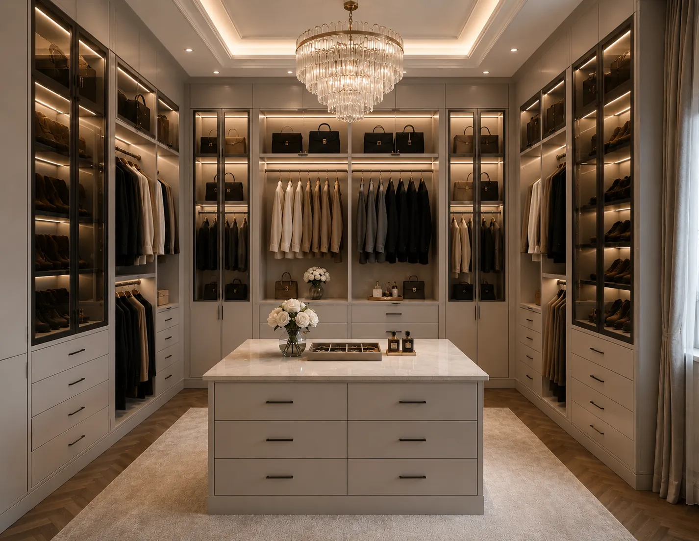 Closet planejado com portas de vidro e ilha central
