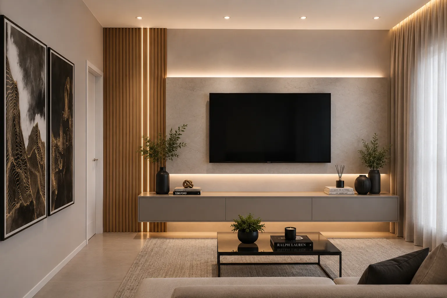Sala planejada com painel de TV e iluminação indireta